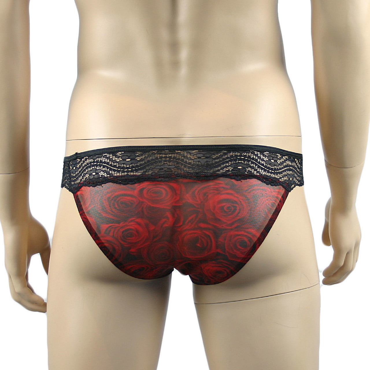Mens Roses Bikini Brief, Sexy Sheer Lingerie Underwear Red Black