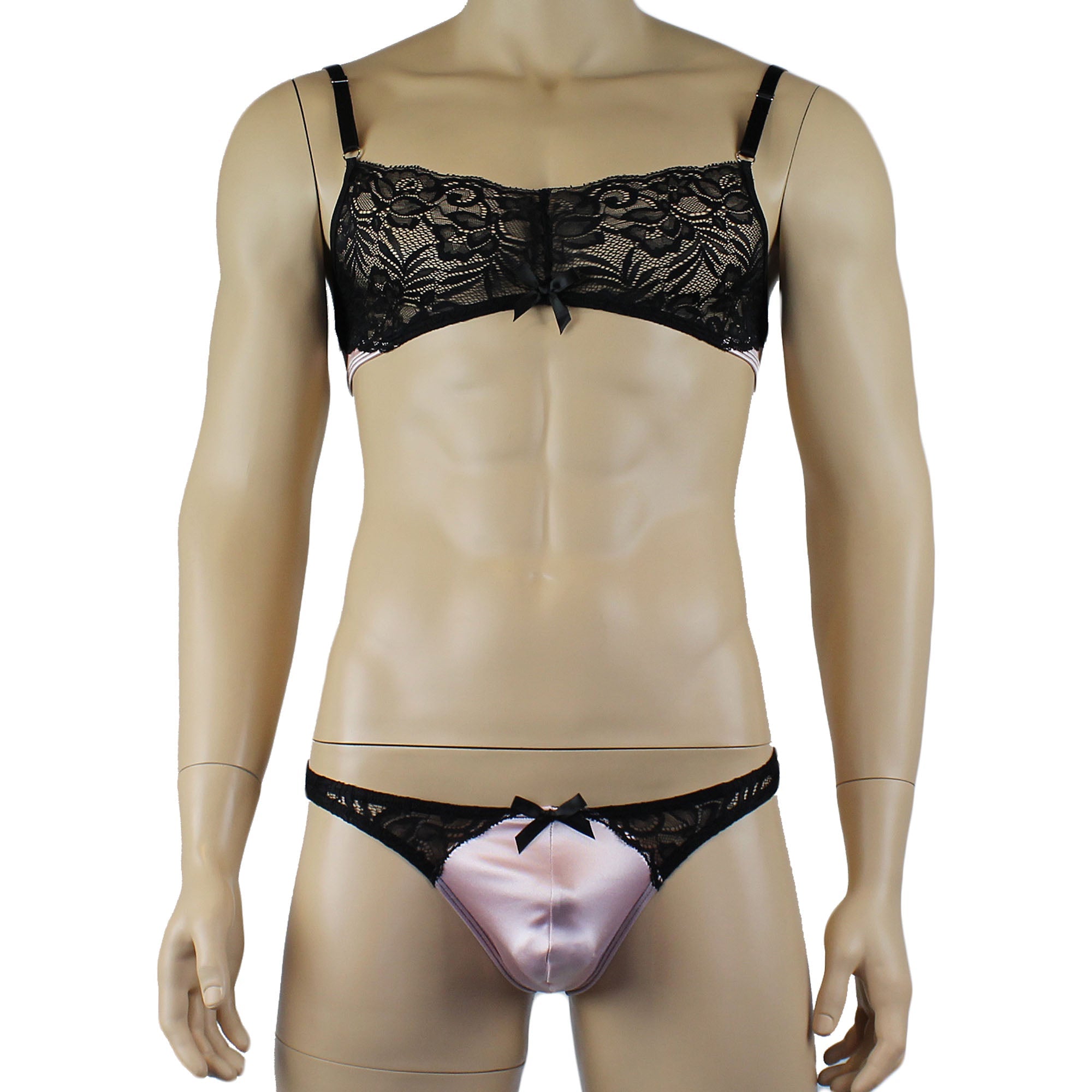 Mens Risque Bra Top and Thong Light Pink and Black Lace