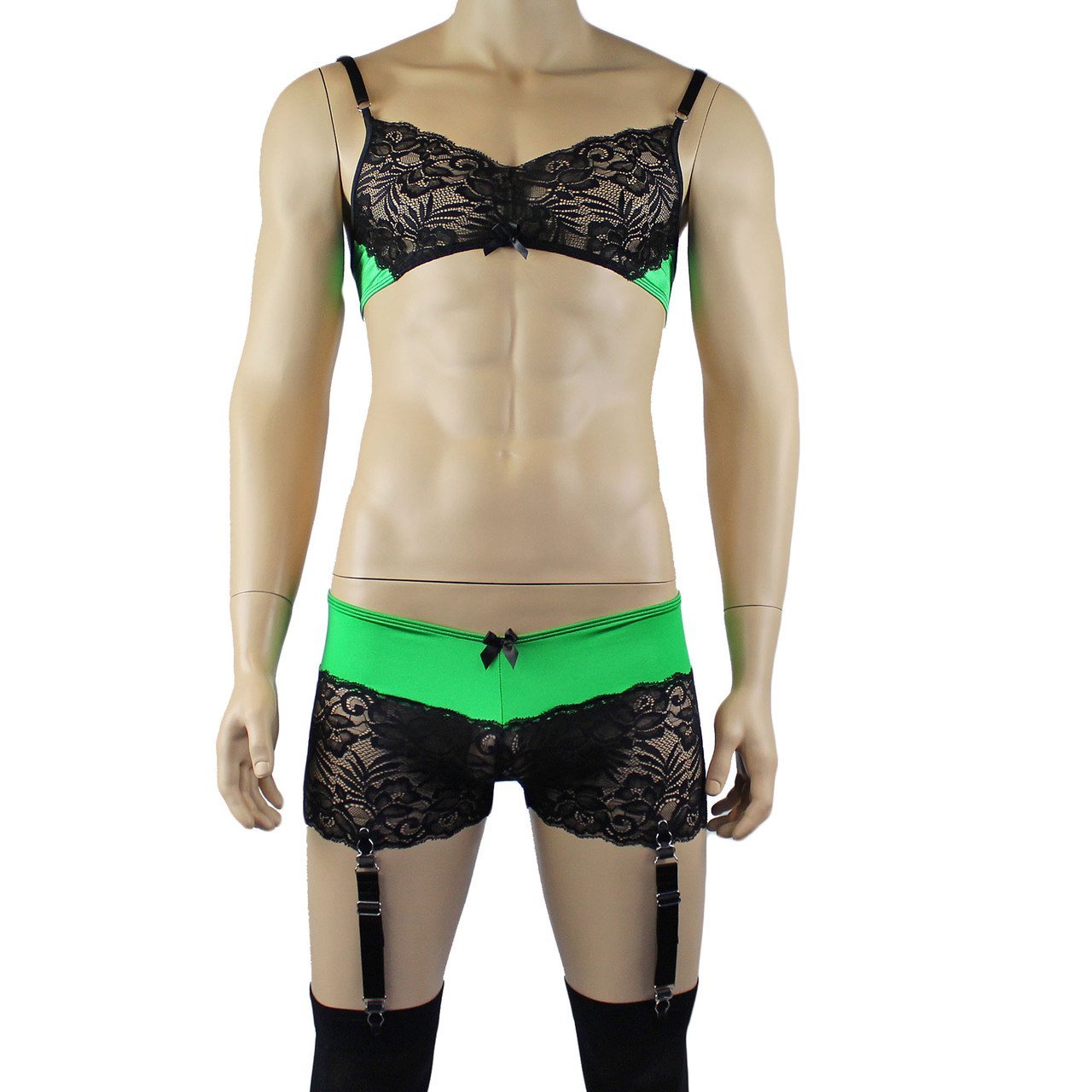 Mens Risque Bra Top, Boxer Briefs with Detachable Garters & Stockings (green and black plus other colours)