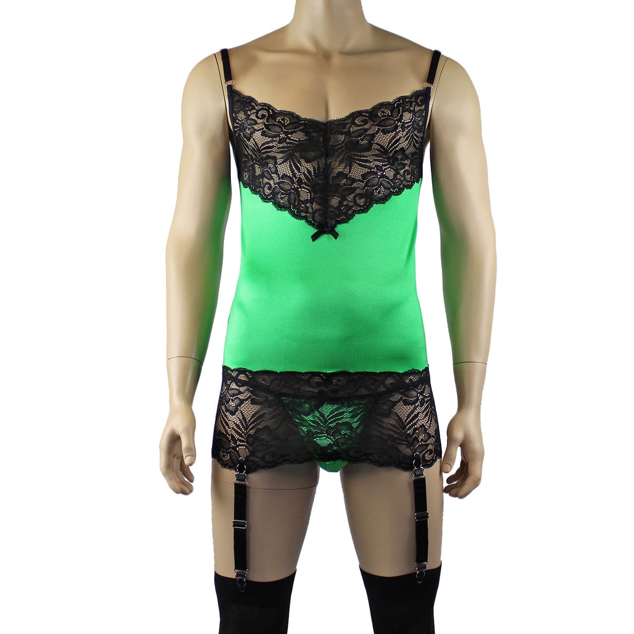 Mens Risque Camisole Mini Dress Chemise & G string (green and black plus other colours)