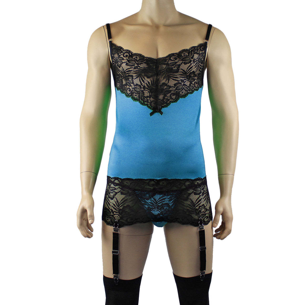 Mens Risque Camisole Mini Dress Chemise, G string & Stockings (teal black plus other colours)