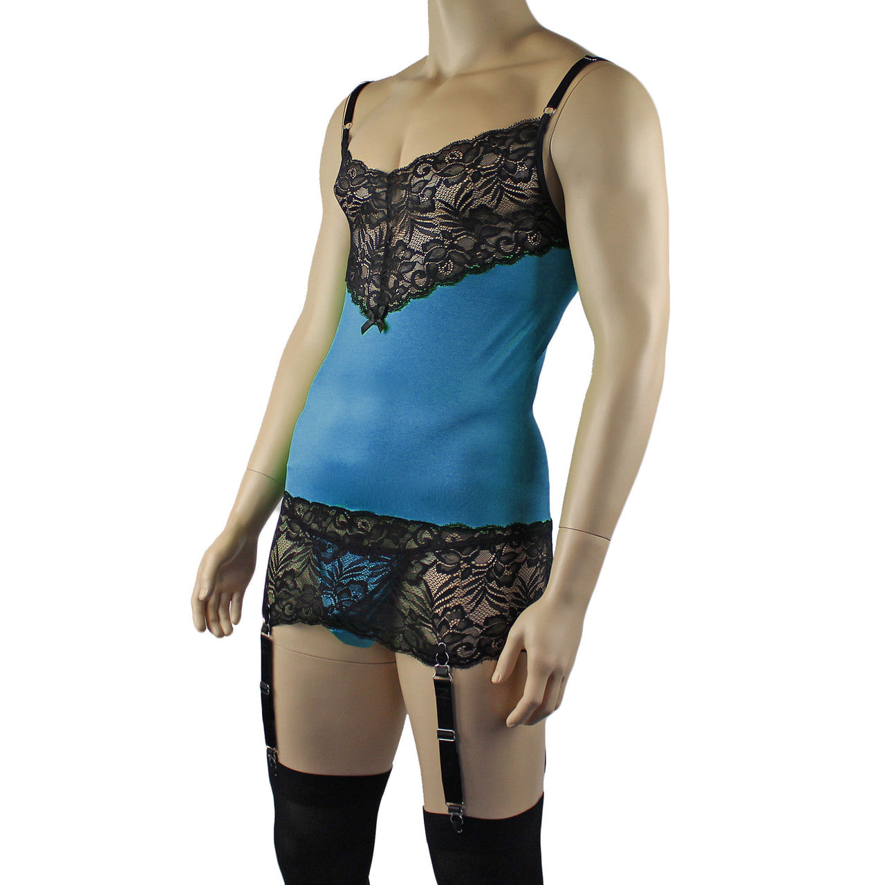 Mens Risque Camisole Mini Dress Chemise, G string & Stockings (teal black plus other colours)