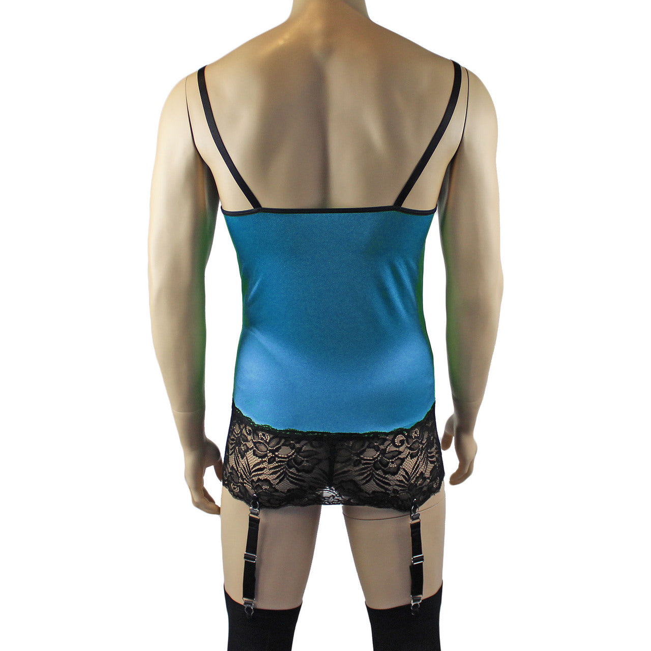 Mens Risque Camisole Mini Dress Chemise, G string & Stockings (teal black plus other colours)