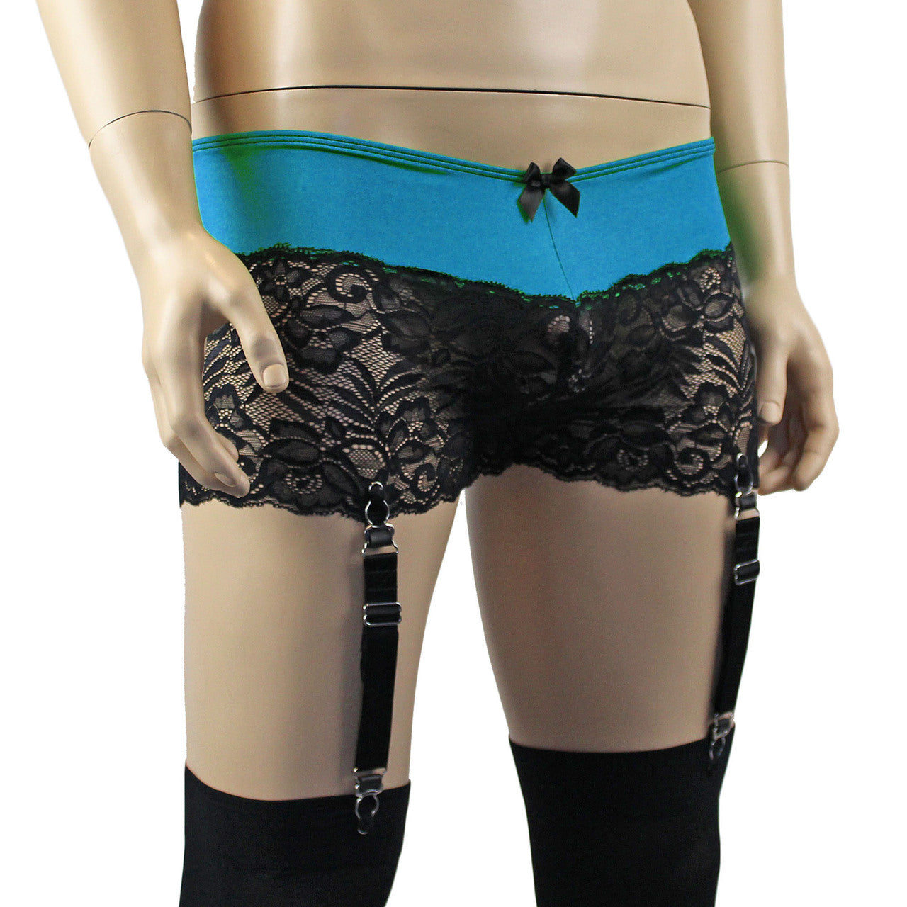 Mens Risque Boxer Briefs with Detachable Garters & Stockings (teal and black plus other colours)
