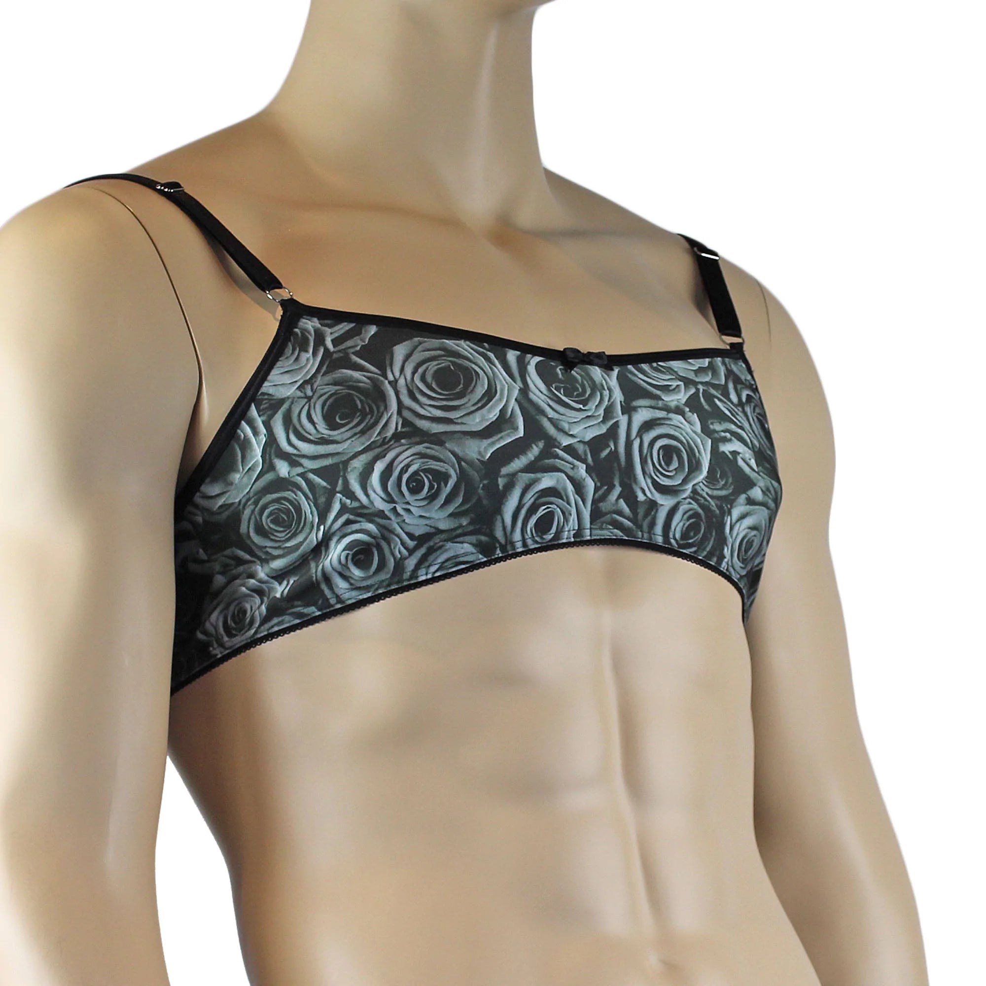 SALE - Mens Roses Spandex Bra Top with Frilled Pico Elastic Trim Male Lingerie Grey