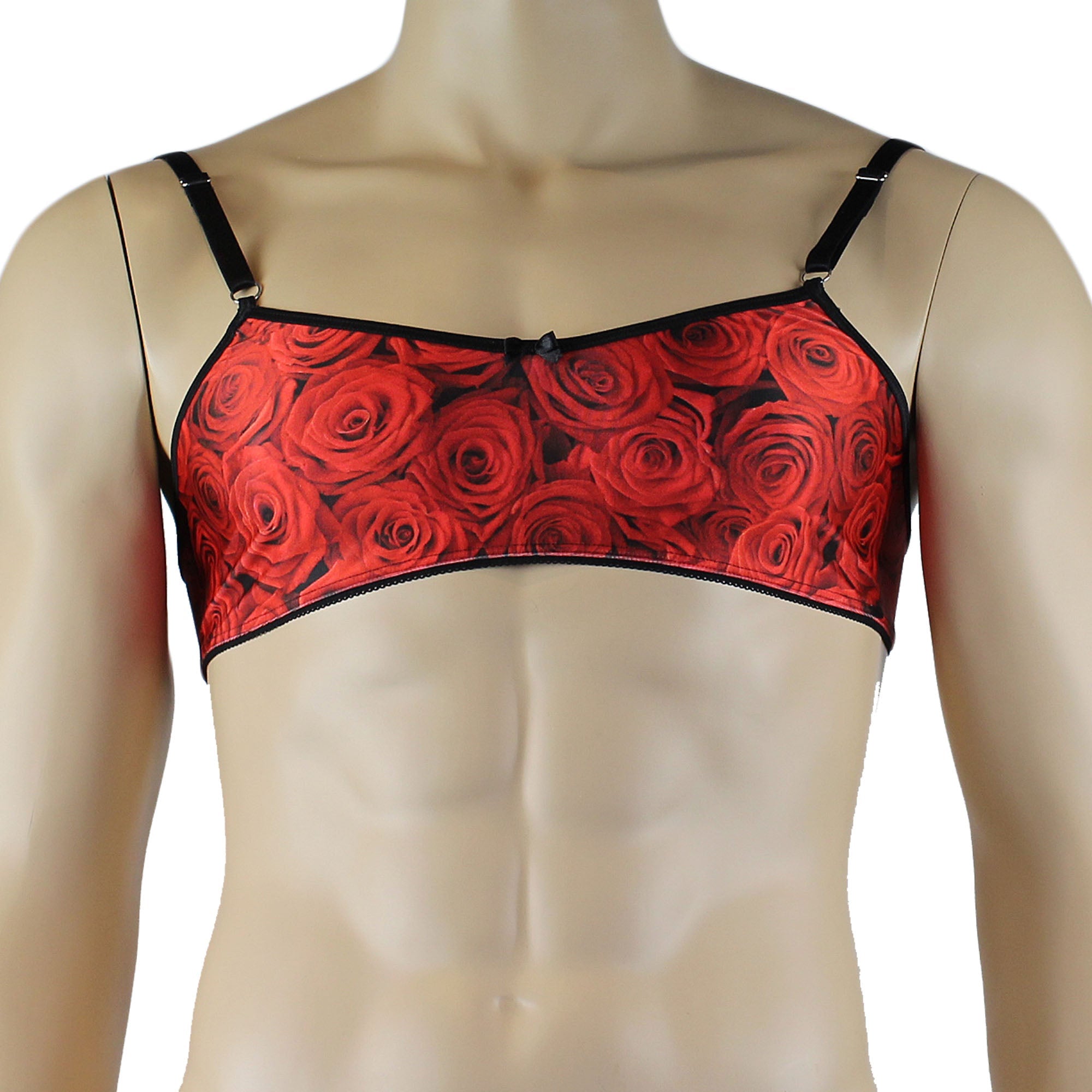Mens Roses Spandex Bra Top with Frilled Pico Elastic Trim Male Lingerie Red