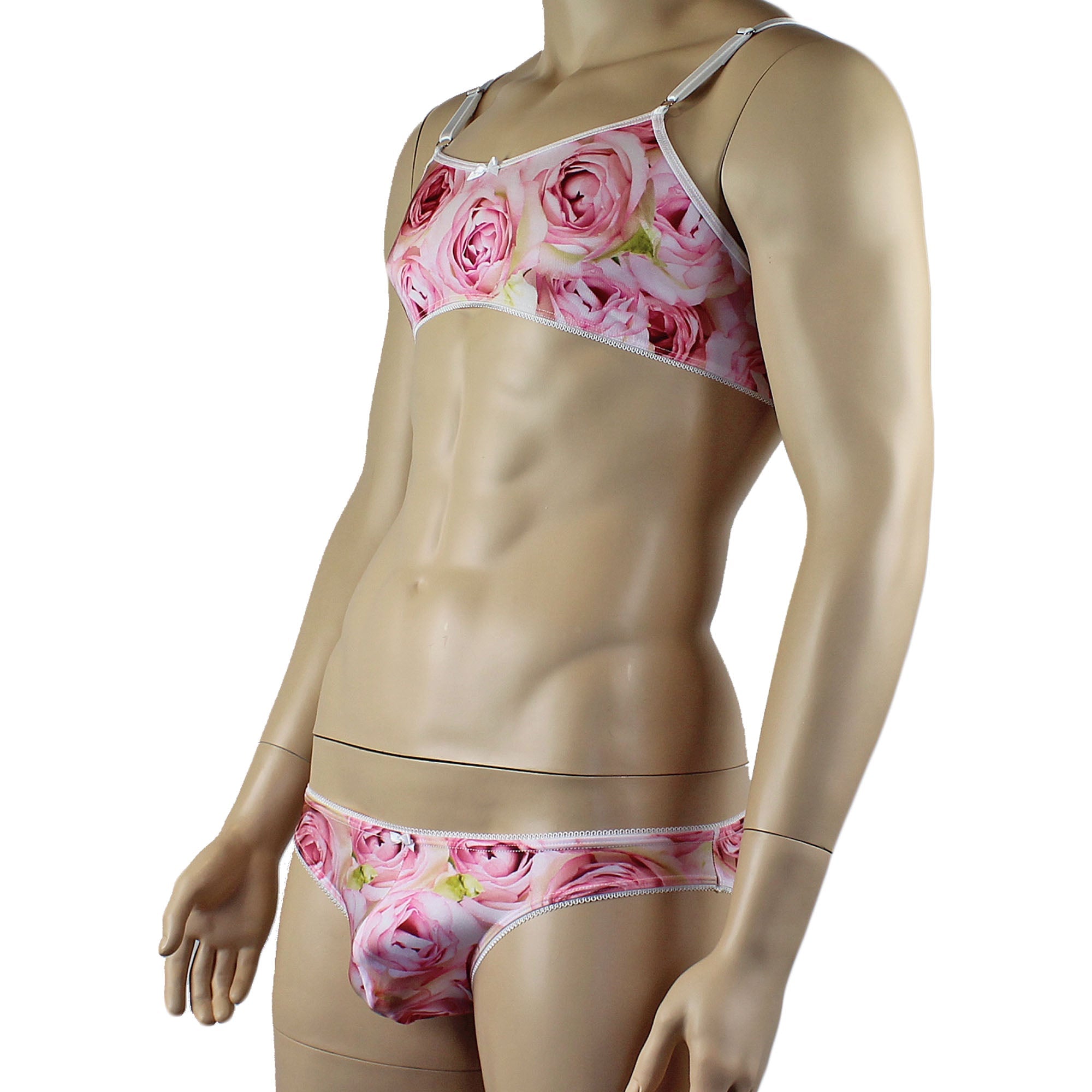 Mens Roses Spandex Bra Top and Bikini Brief with Elastic Pico Trim Pink