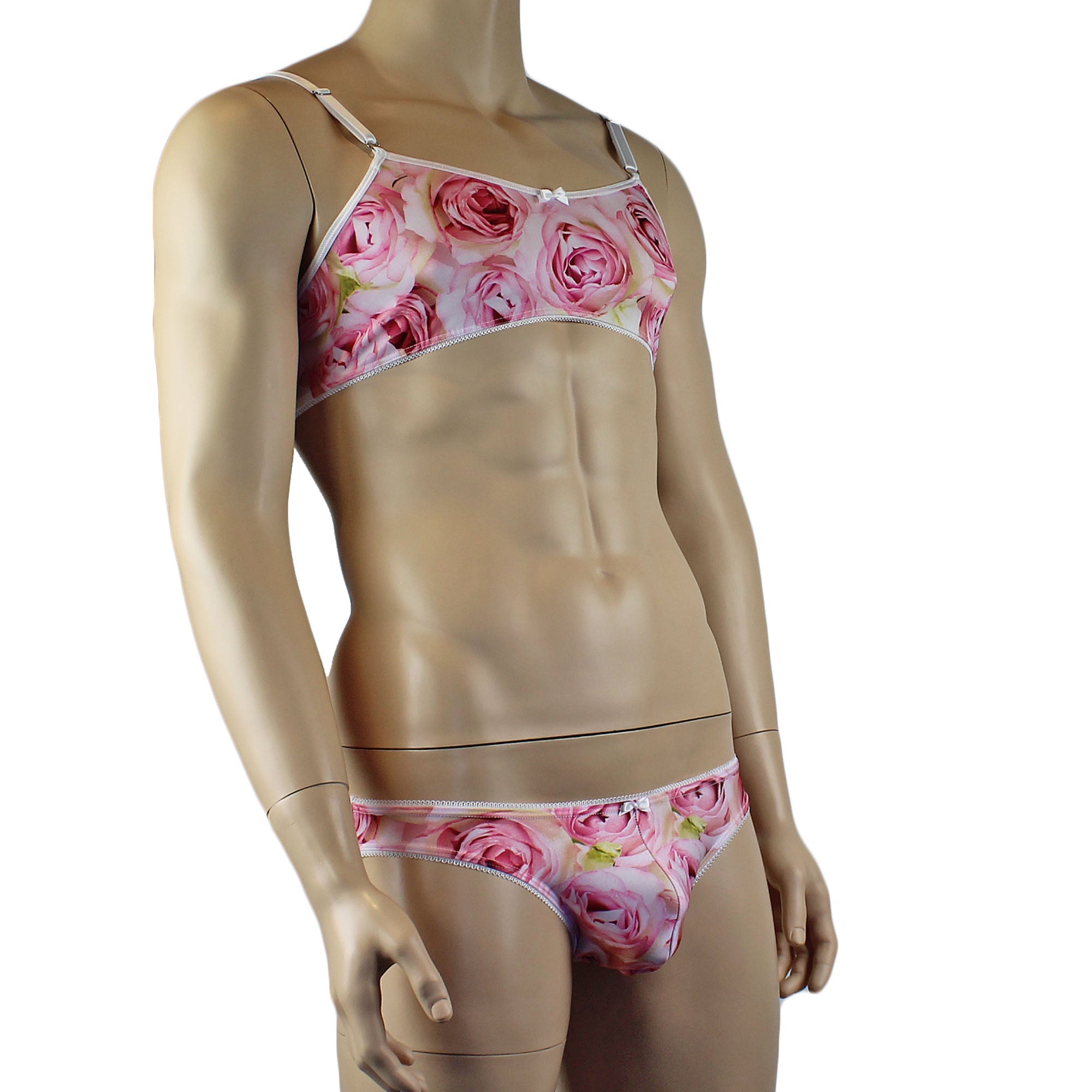 Mens Roses Spandex Bra Top and Bikini Brief with Elastic Pico Trim Pink