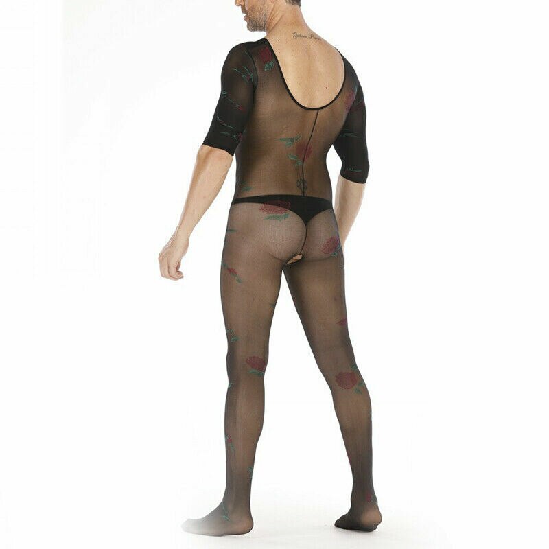 Mens Bodystocking Male Catsuit Mesh with Flowers Black