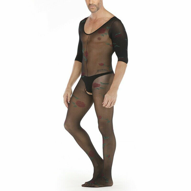 Mens Bodystocking Male Catsuit Mesh with Flowers Black