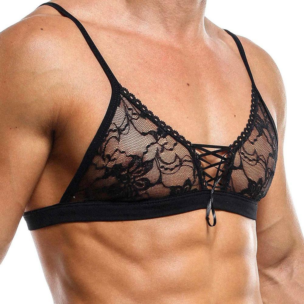 JCSTK - Mens Secret Male Lace Bra Top with Lace-up Front Black