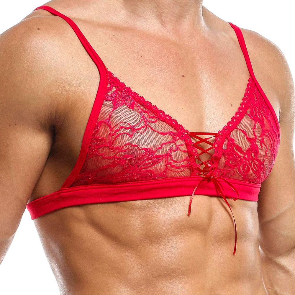 Mens Secret Male Lace Bra Top with Lace-up Front Red