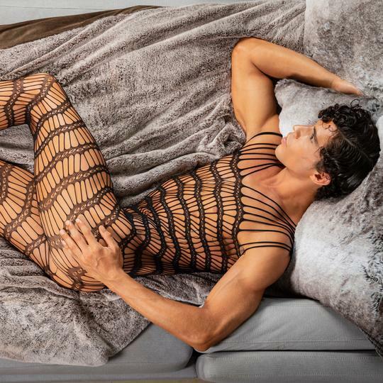 Mens Bodystocking Sheer Open Net with Strappy Shoulders