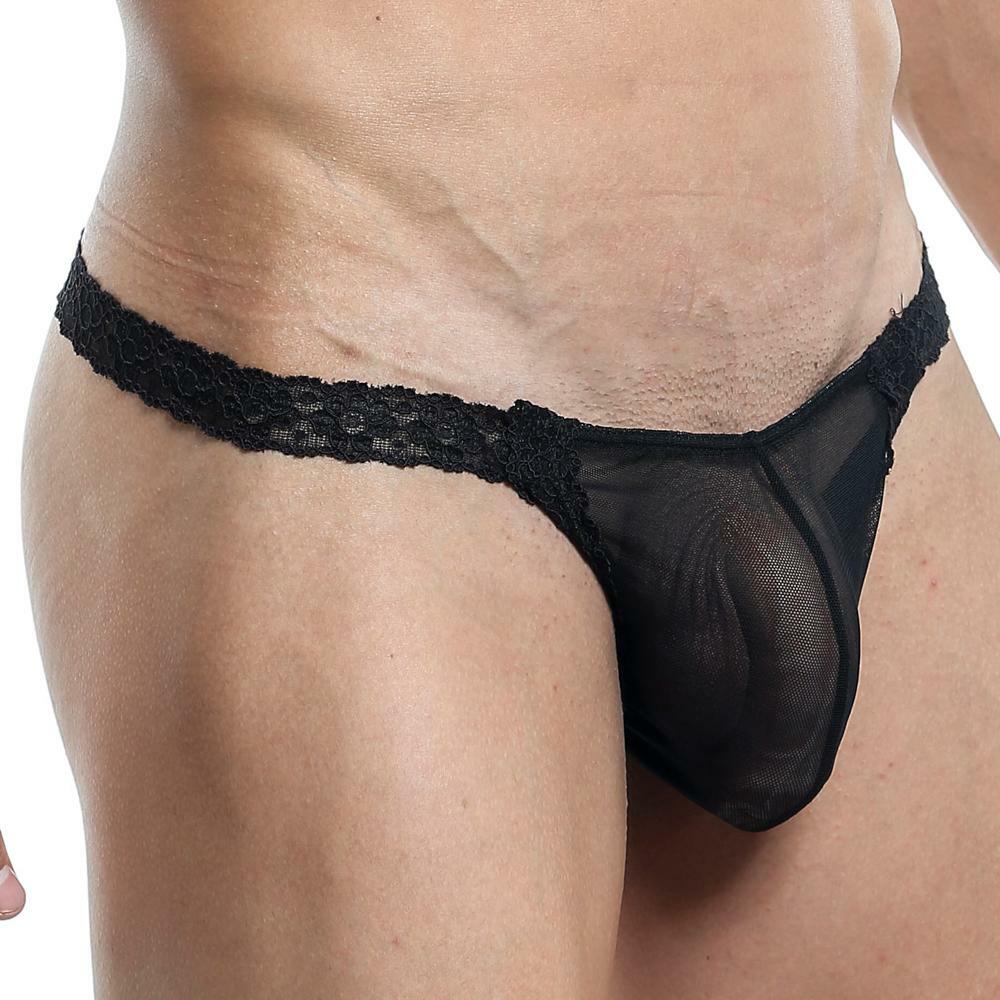 Mens G string Thong with Lace Waist, Male Lingerie Black