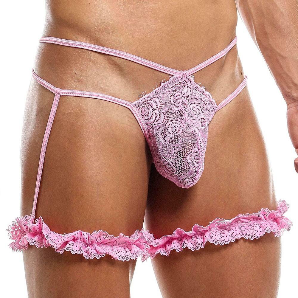 Mens Lace G string with Garters Pink