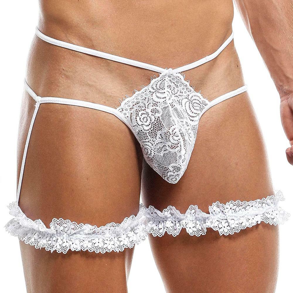 Mens Lace G string with Garters White