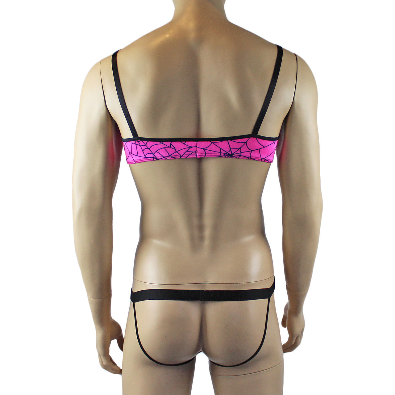Mens Halloween Spooky Spider Web Bra Top & Thong with Band (pink & lime colours)