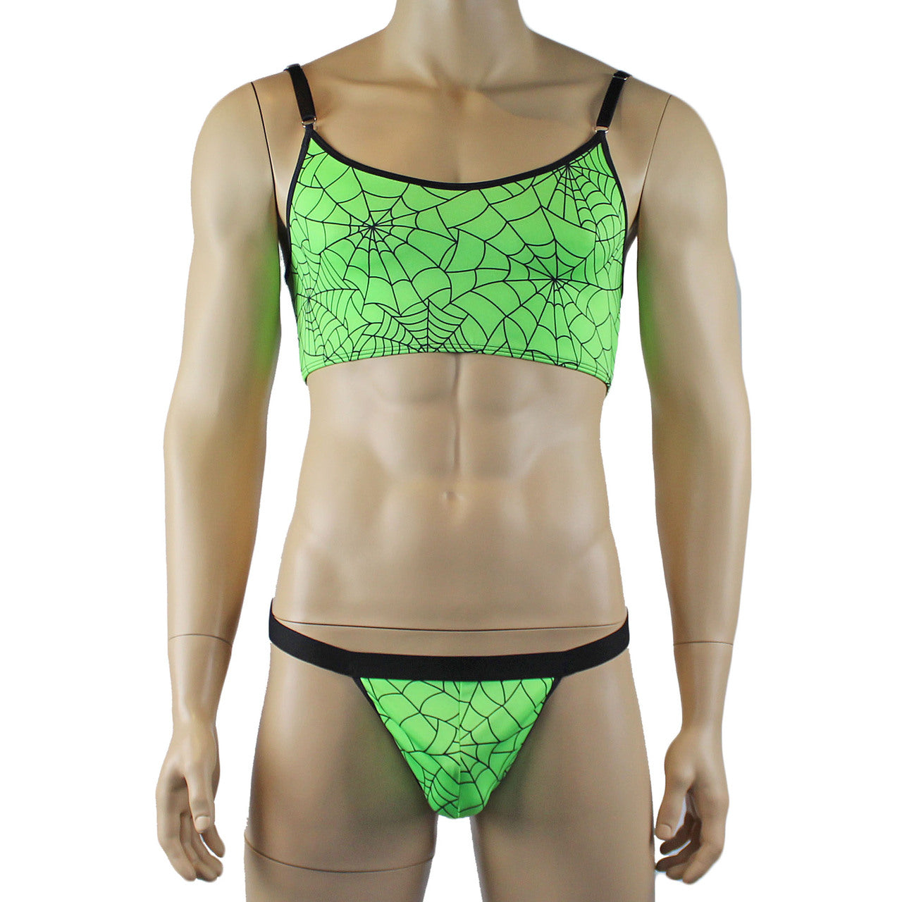 Mens Halloween Spooky Spider Web Camisole Bra Top & Thong with Band (lime & pink colours)