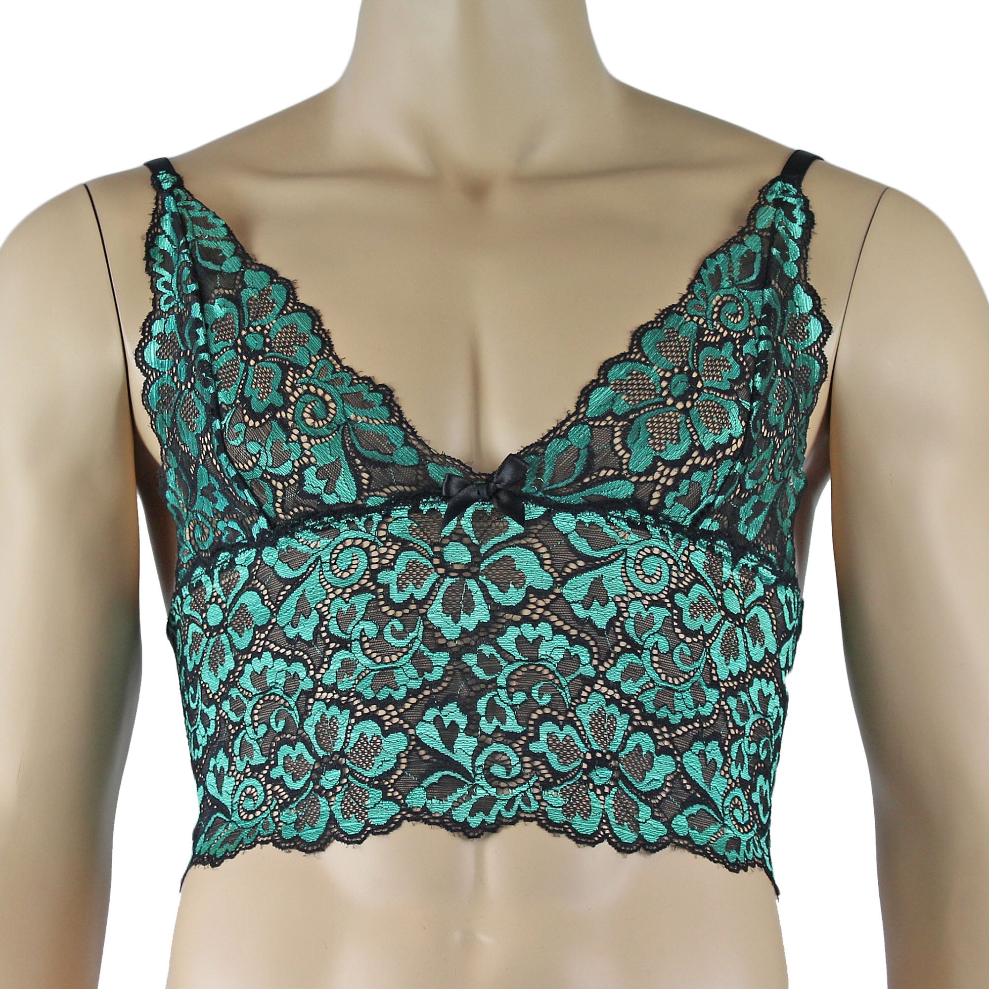 Mens Sweetheart Scalloped Shiny Lace Cami Bra Top and Panty Green