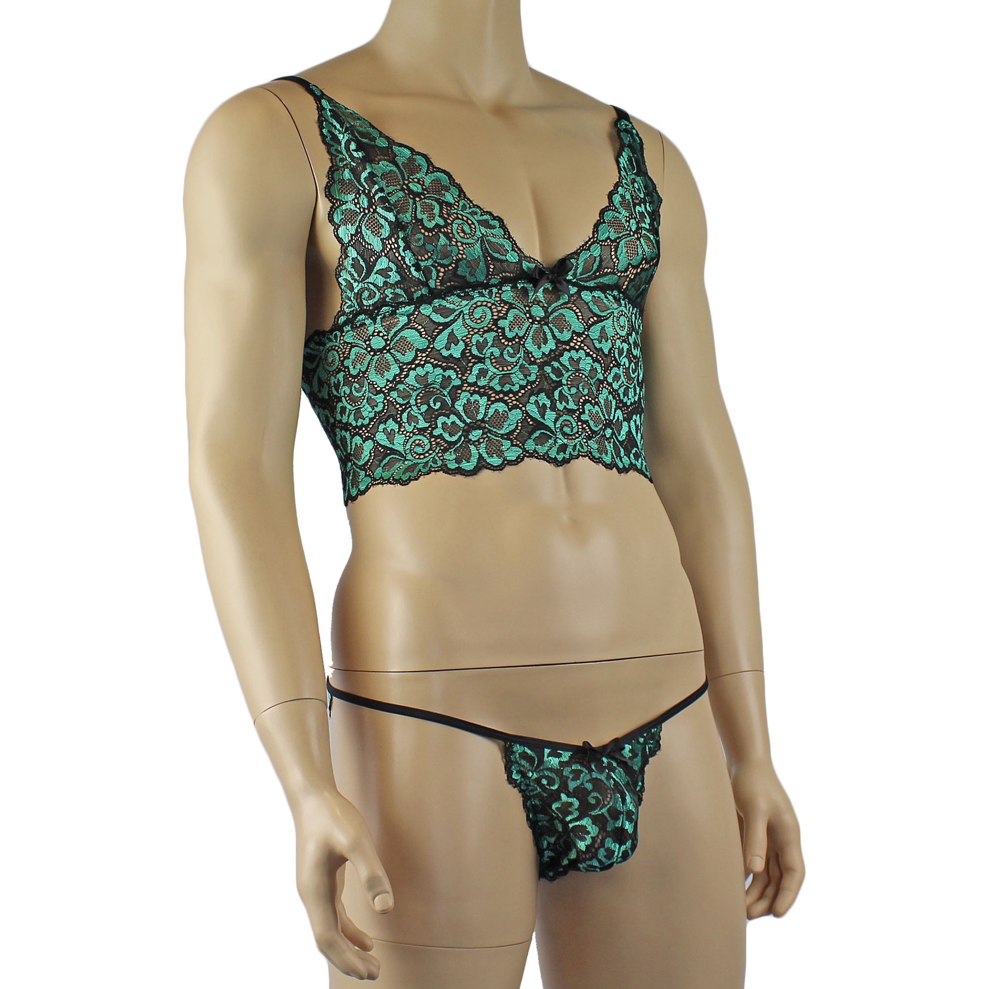 Mens Sweetheart Scalloped Shiny Lace Cami Bra Top and Panty Green