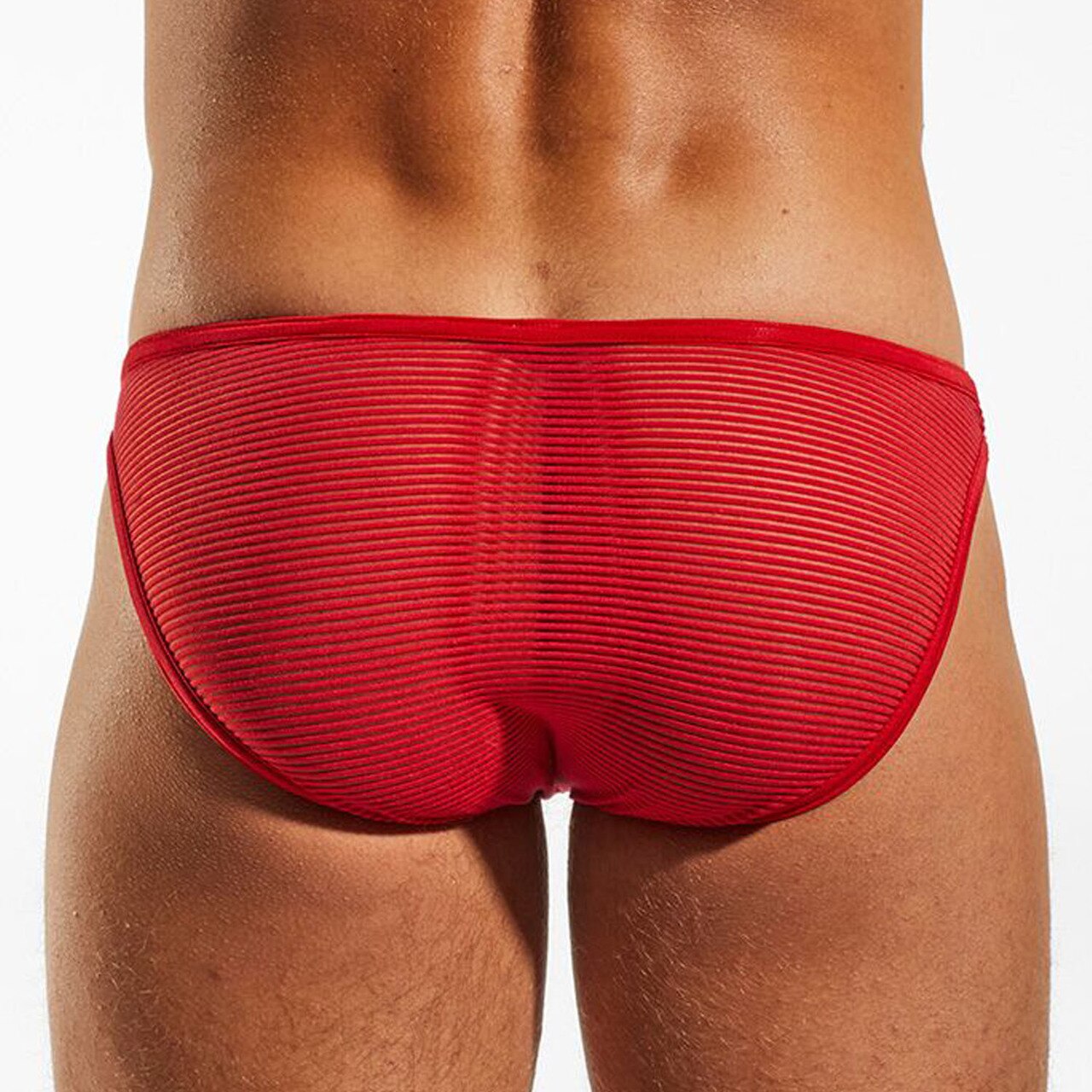SALE - Mens Cocksox Sheer Multi Striped Brief Cupid Red