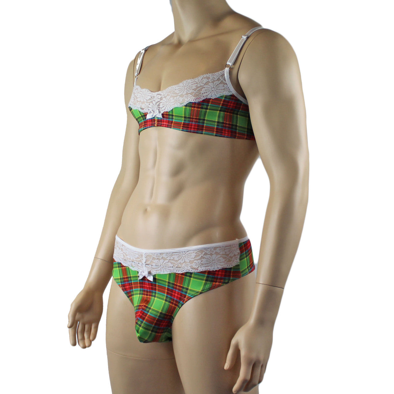 Mens Plaid Tartan Bra Top & High Waist Thong Green and Red