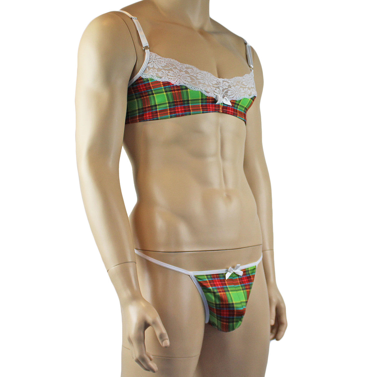 Mens Plaid Tartan Bra Top with Pouch G string Green and Red