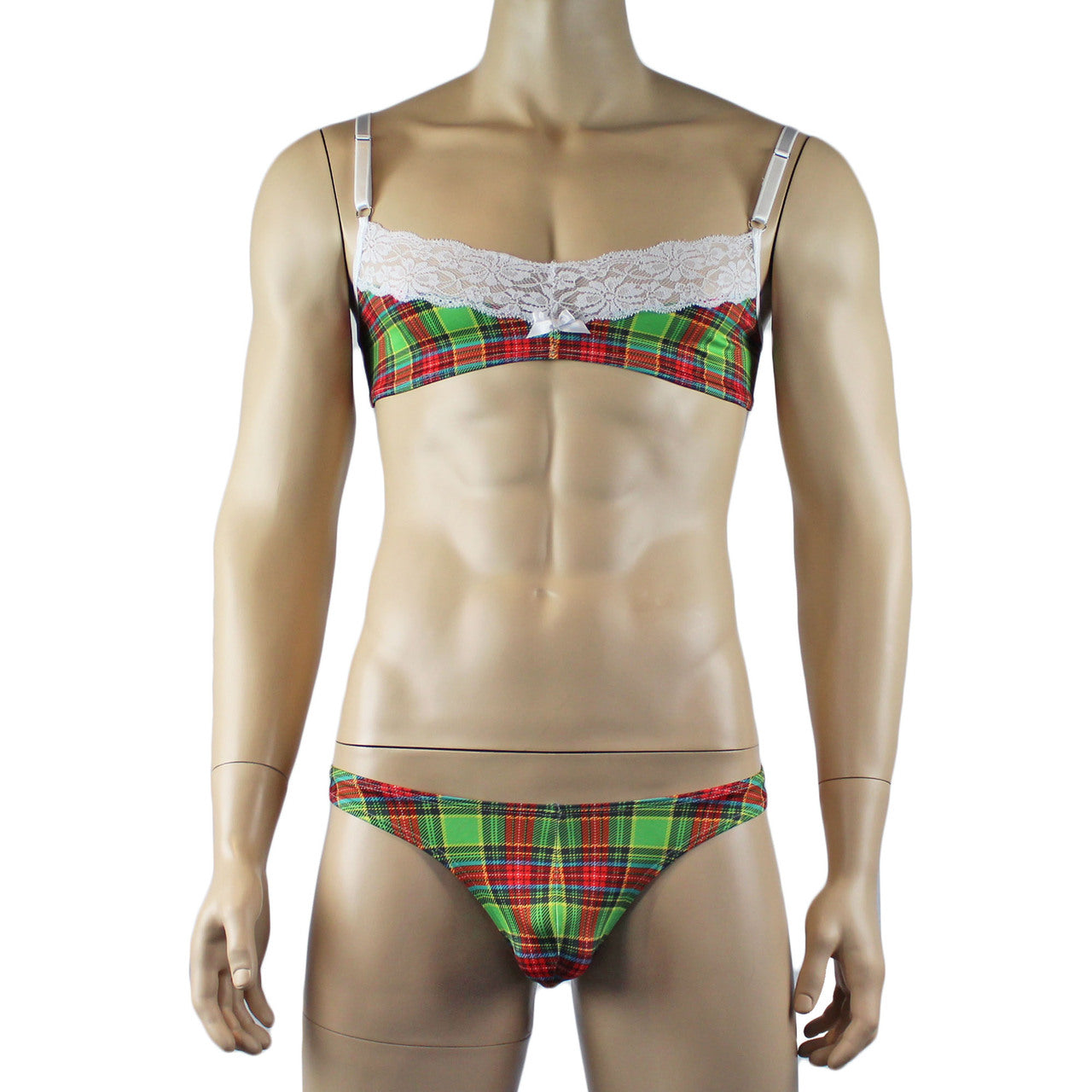 Mens Plaid Tartan Bra Top & Low Waist Thong Green and Red