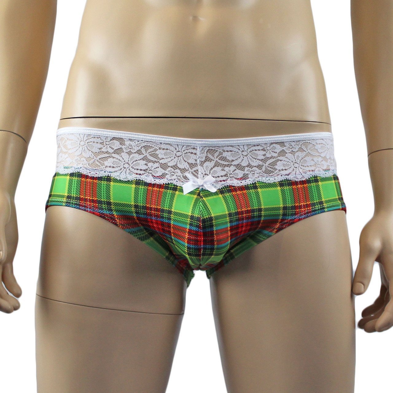 Mens Plaid Tartan Briefs with Lace Trim Green and Red