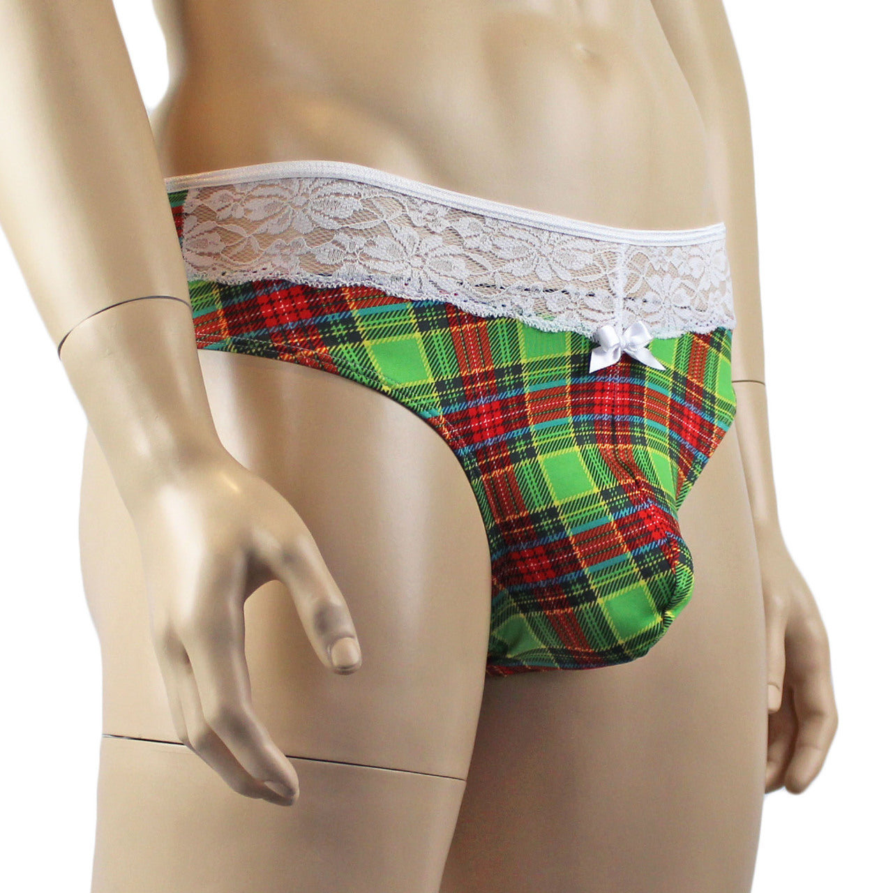 Mens Plaid Tartan High Waist Thong with Lace Green and Red