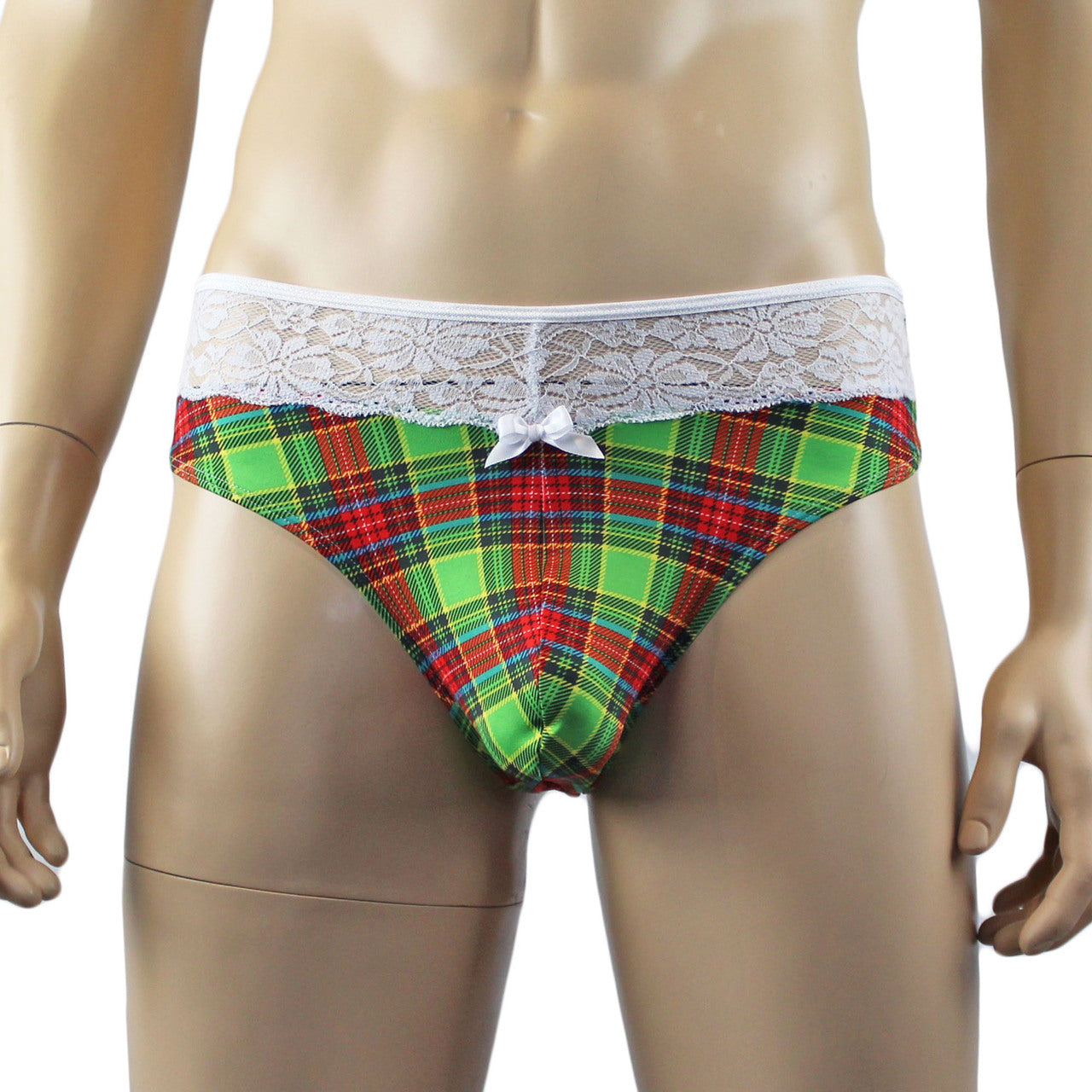 Mens Plaid Tartan High Waist Thong with Lace Green and Red