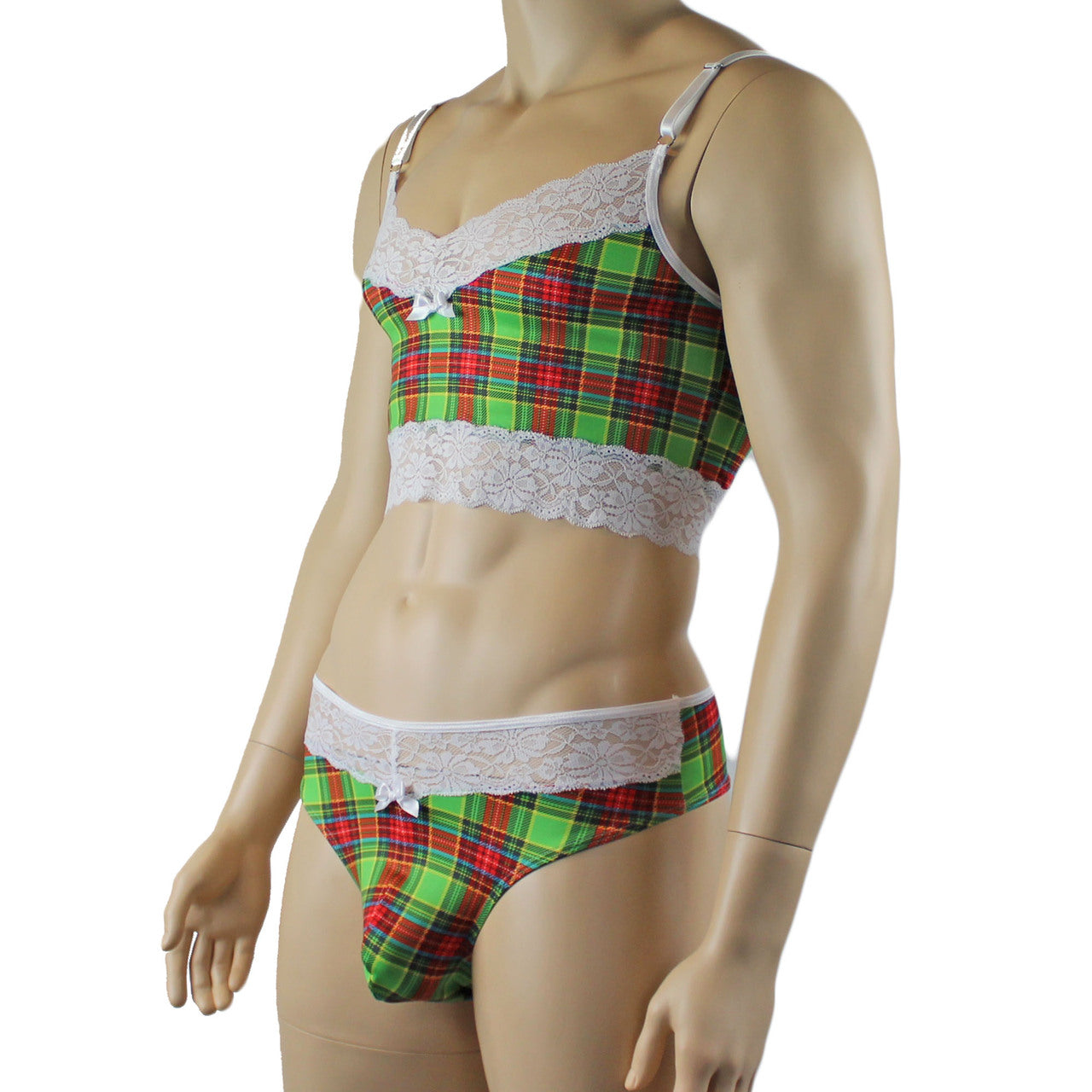 Mens Plaid Tartan Camisole Top & High Waist Thong Green and Red