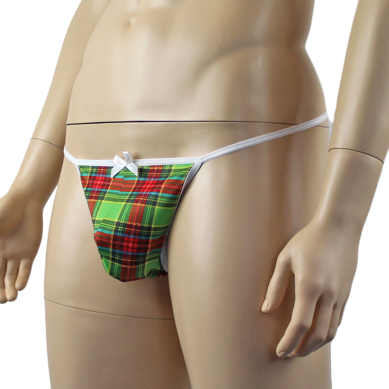 Mens Plaid Tartan Pouch G string with Bow Green and Red