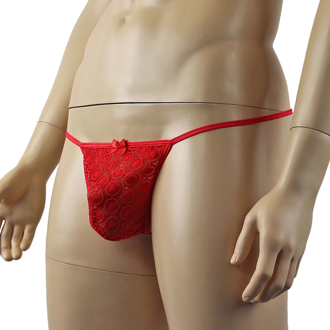 SALE - Mens Tease Circle Lace Pouch G string with Cute Bow Front Red