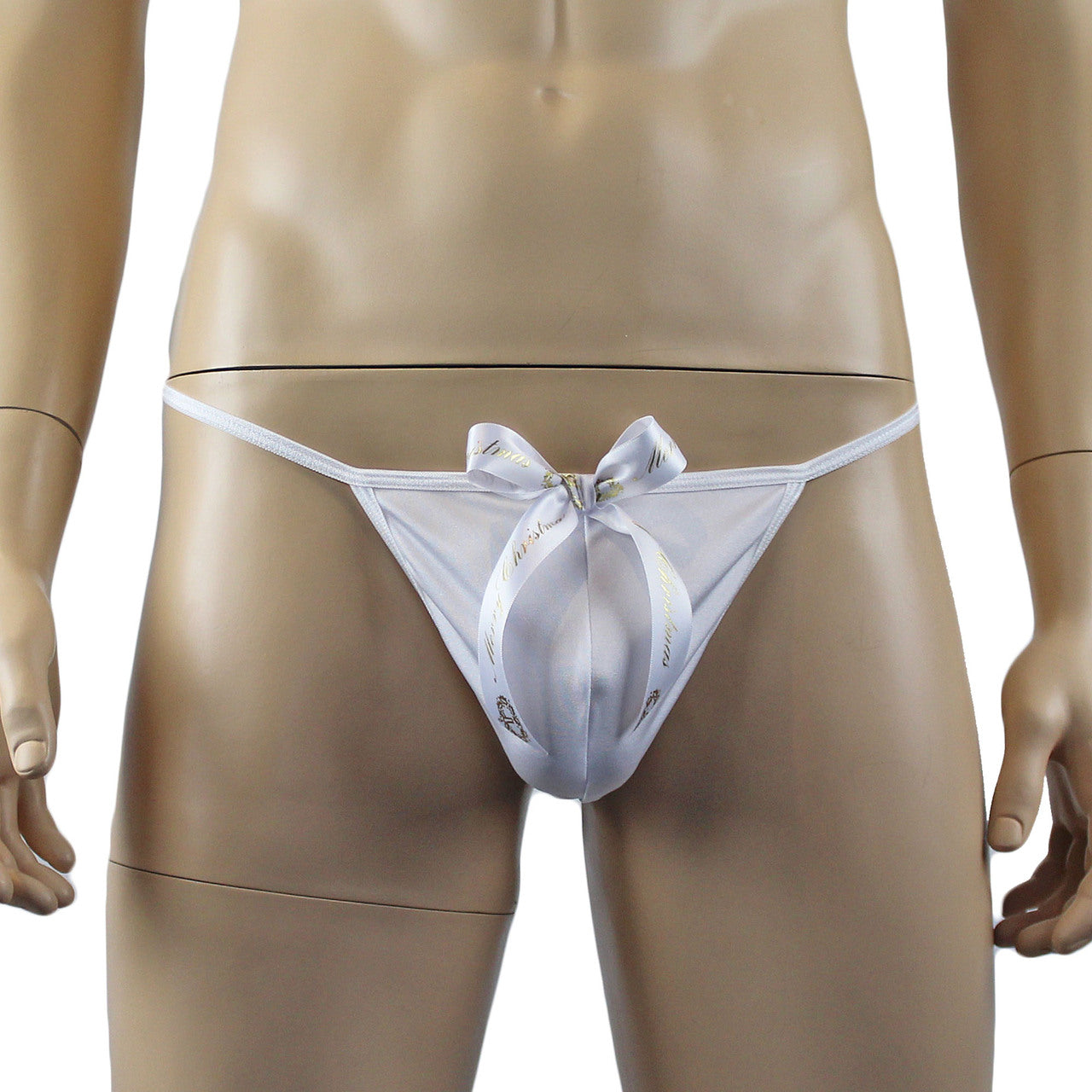 Mens Stretch Spandex Pouch G string with Merry Christmas Bow White