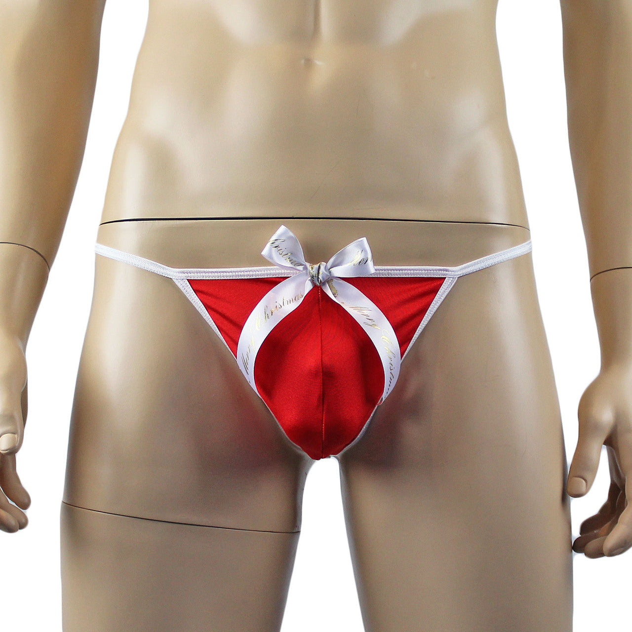 ns Stretch Spandex Pouch G string with Merry Christmas Bow Red and White