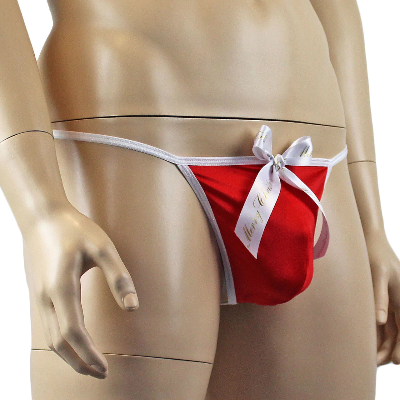 SALE - Mens Xmas Stretch Spandex Pouch G string with Merry Christmas Bow Red and White