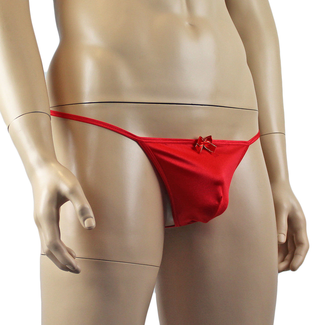 Mens Stretch Spandex Pouch G string with Red & Gold Bow